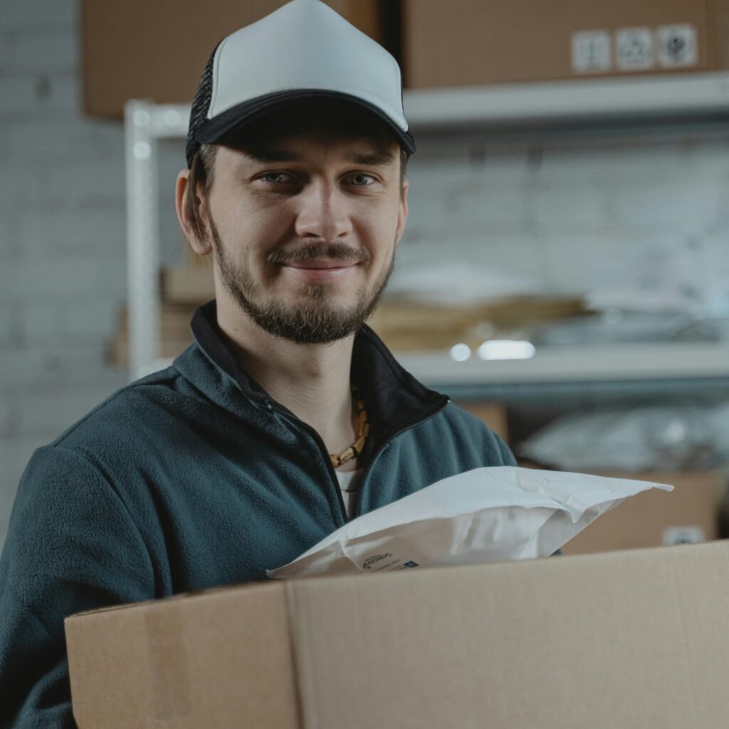 Smiling delivery worker holding a cardboard box with fragile label in a warehouse setting, emphasizing logistics services.